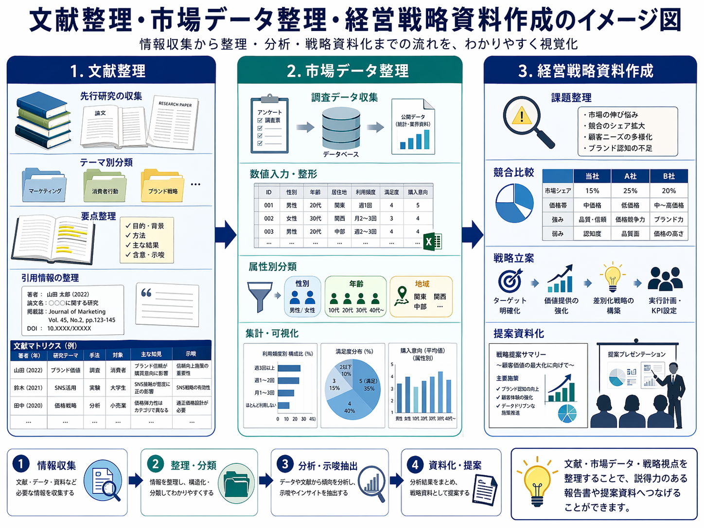 文献整理・市場データ整理・経営戦略資料作成のイメージ